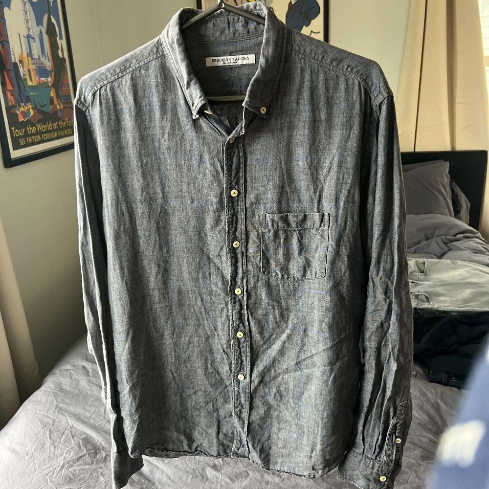 Brooklyn Tailors Slim Linen Shirt Gray with Blue Cross Stripes Men's Size 04 M